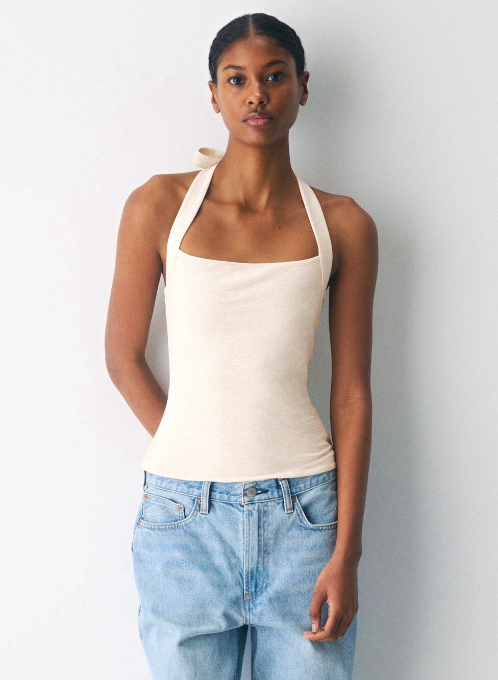 Aritzia Contour Ribbed Halter Tie Back Square Neck Tank Top Beige Women’s XS